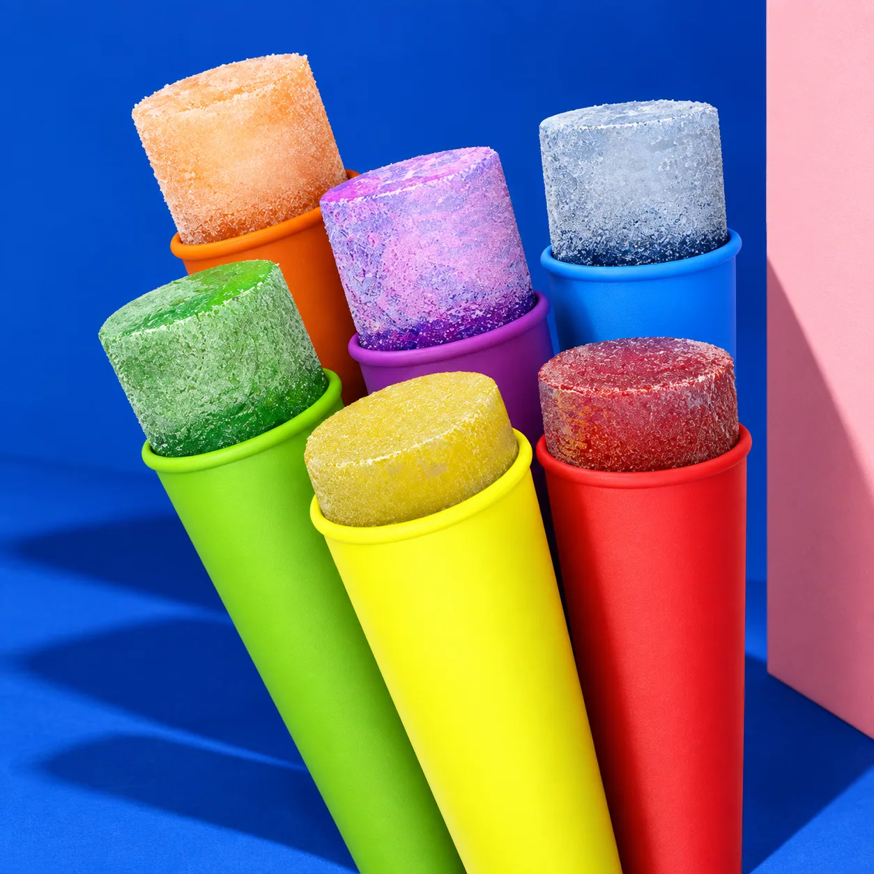 Original Colourblocker ice-pop moulds in six colours, with a creative cobalt-blue photo treatment